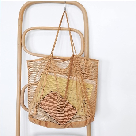 Taupe Mesh Beach Tote Womens Lightweight Shopping Shoulder Handbag - Picture 4 of 8